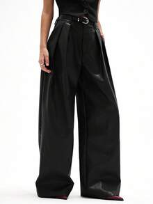 Aveloria Affinna 酒红色PU皮革褶皱宽松直筒腰带休闲时尚百搭女裤