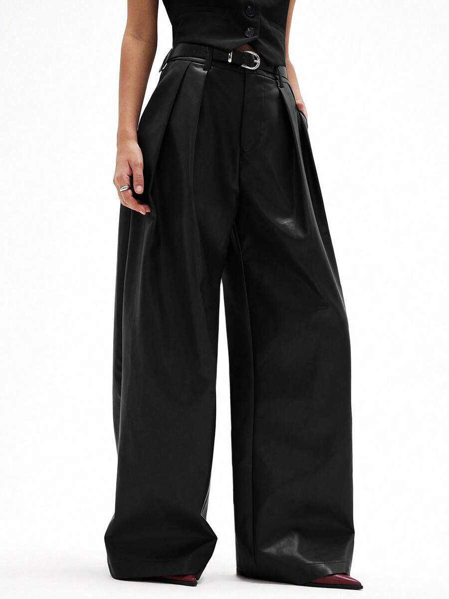 Aveloria Affinna 酒红色PU皮革褶皱宽松直筒腰带休闲时尚百搭女裤