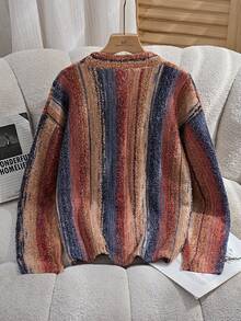 Manfinity Homme 男士彩色条纹长袖休闲宽松针织开衫，秋冬男士针织开衫，男士条纹休闲上衣，男士开衫毛衣，波西米亚风男士服装 - 彩色 - 查看 6