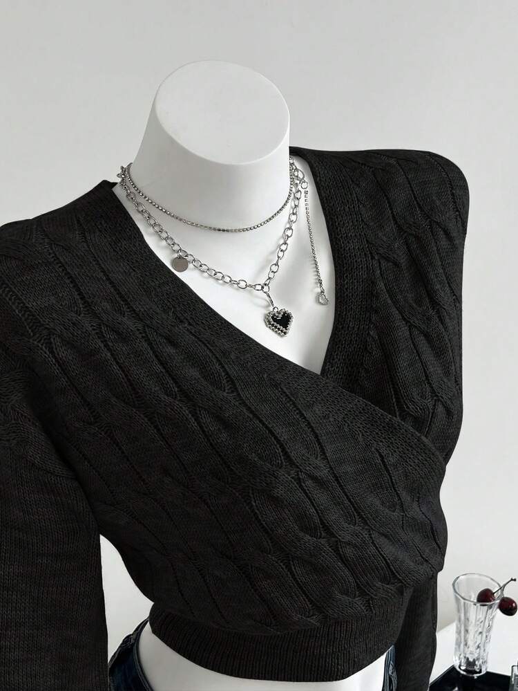 Elamini 女士V领斜襟系带修身长袖休闲时尚针织衫，秋冬款 - 黑色 - 查看 3