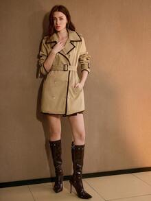 MOTF PREMIUM 卡其色时尚百搭日常通勤风衣，腰部收紧，撞色织带双排扣翻领，女士系带风衣，秋冬季 - 卡其色 - 查看 6