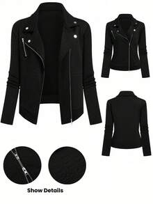 GlowEve Women's Casual Textured Fabric Zip-Up Lapel Motorcycle Jacket Fall Winter Cloth For Women