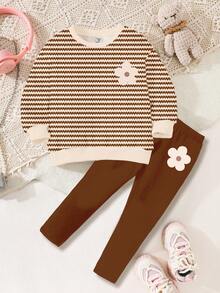 SHEIN Happikins Mocha Brown Striped, Minimalist Floral Print, Young Girl Casual Comfortable Soft Thick Warm Crew Neck Long Sleeve Sweatshirt And Leggings Set, Suitable For Autumn/Winter Everyday, Home, And Holidays - Multicolor - View 3