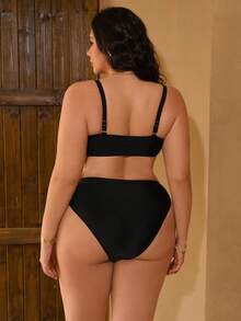 Swim Chiccia 2pcs Plus Size Women Solid Color One-Shoulder Metal Decor Top And High-Waist Triangular Briefs Set, Slimming, Elegant, Minimalist For Vacation - Black - View 2
