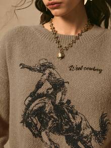 Easelle Áo len chui đầu màu nâu cho nữ, họa tiết jacquard thường ngày, vai trễ, tay dài, thu/đông - Cà phê nâu - Xem 6