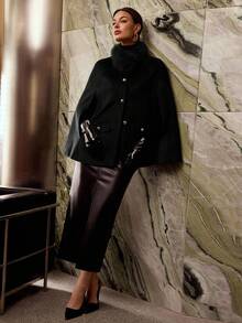 MOTF PREMIUM FUZZY COLLAR CAPE OVERCOAT - Black - View 6