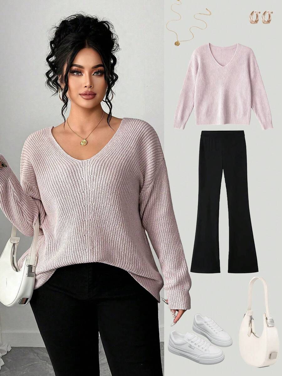 Elenzga 女式休闲 V 领长袖宽松加大码毛衣，适合秋冬季外套 - 粉色 - 查看 1