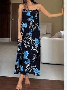 DAZY Váy dài nhẹ họa tiết hoa cho nữ, phong cách du lịch - Màu xanh lam - Xem 5