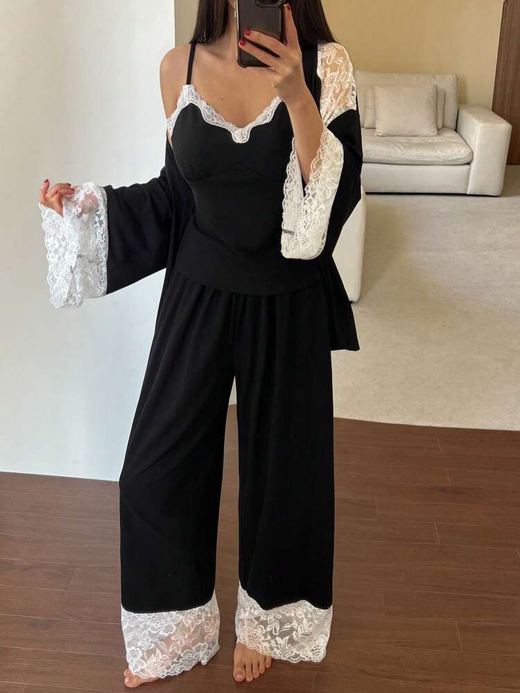 3pcs Lace Patchwork Robe, Camisole & Pants Women Sleepwear Pajama Set, Fall & Winter Clothes