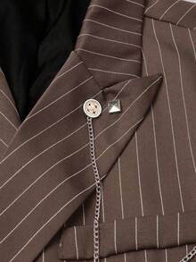 Manfinity Mode 男士双排扣条纹西装套装，翻领，长袖 - 咖啡棕 - 查看 6