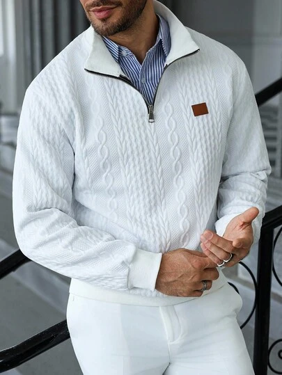Manfinity CasualCool Men's Plus-Size Casual Solid Color Textured Half-Zipper Stand Collar Sweatshirt, Men's New Autumn Pure White Minimalist Casual Pullover Sweatshirt, Men's, A Versatile Item Suitable For Daily Commuting And Travel, Men's Cable Knit, Men's Knitwear Sweatshirt, Quarter-Zip Casual Wear Cable Knit Quarter Zip Sweatshirt, Long Sleeve Top