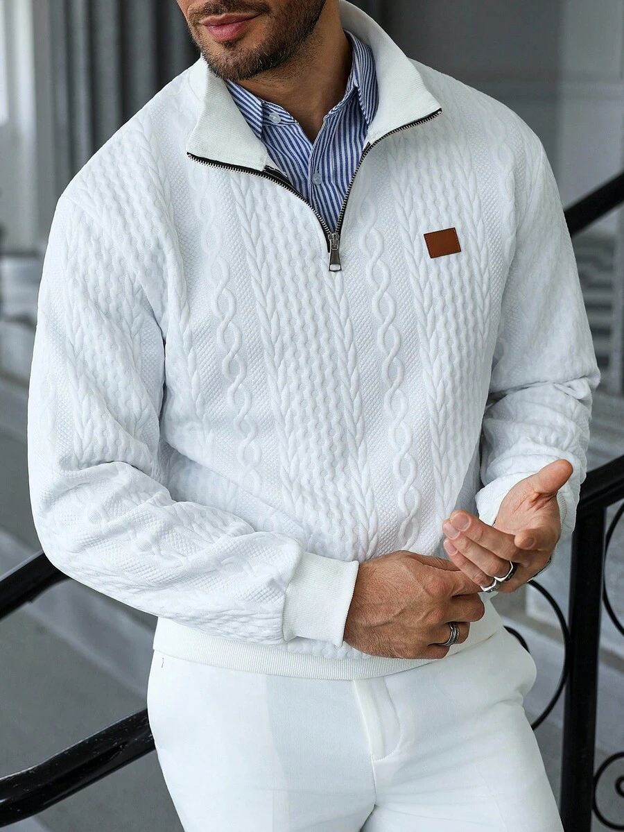 Manfinity CasualCool 男士加大码休闲纯色纹理半拉链立领卫衣，男士新款秋季纯白简约休闲套头卫衣，男士百搭单品，适合日常通勤和旅行，男士绞花针织衫，男士针织卫衣，四分之一拉链休闲绞花针织四分之一拉链卫衣，长袖上衣