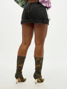 SUMWON WOMEN Deconstructed Frayed Hem Denim Mini Skirt With Raw Edge Detail Casual Street Style - Dark Wash - View 2