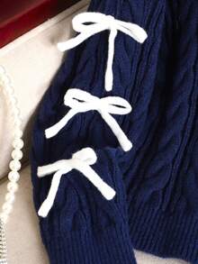 SHEIN Tween Girl Knitted Contrast Color Bow Decor Casual Pullover Sweater, Comfortable & Cute, Suitable For Daily Wear - Navy Blue - View 3