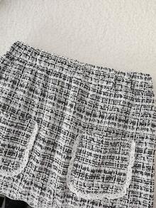 Elladie kids Tween Girls' Fashionable & Sweet Floral Embroidered White Top Paired With Black & White Plaid Skirt Casual Minimalist T-Shirt Set - White - View 7