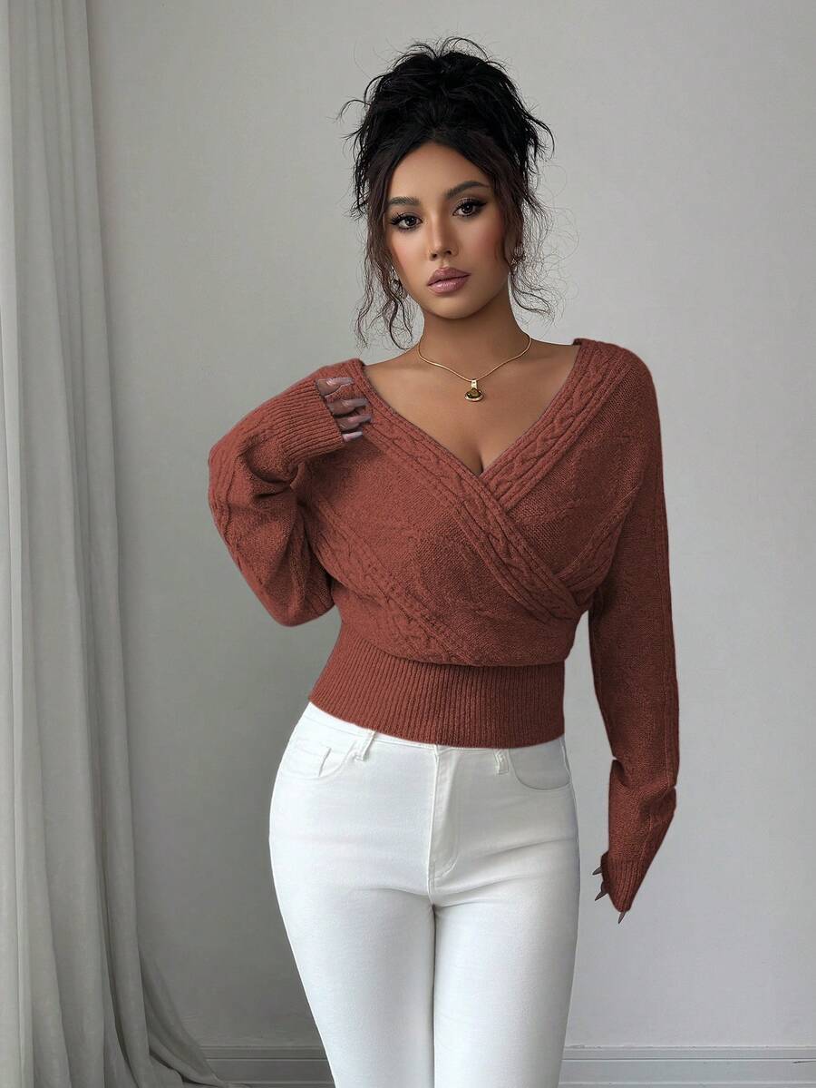 SHEIN Elenzya 女士休闲纯色V领裹身毛衣,秋冬季 - 棕色 - 查看 1
