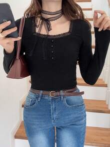 FRIFUL Women's Fashionable Elegant Lace Trim Square Neck Blouse - Black - View 7