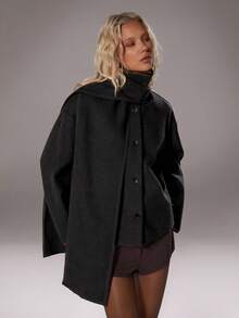 TRNVIE 2件套秋冬办公/通勤高领撞色缎带宽松长袖优雅短款法式简约复古风女士外套 - 黑色 - 查看 7