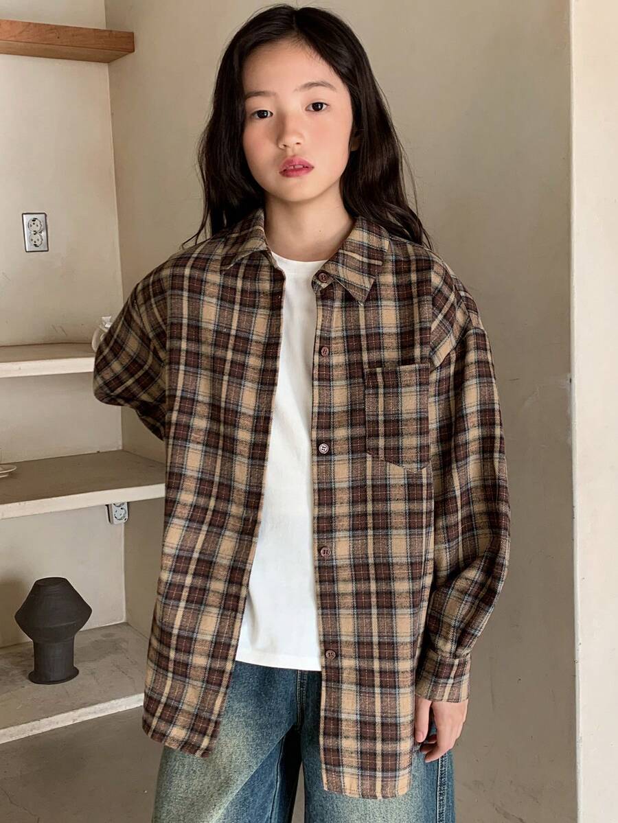 Dazy Kids 女童格子领长袖梭织衬衫 - 棕色 - 查看 1