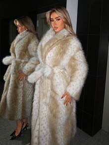 SHEIN ICON Women's Autumn/Winter Warm, Stylish, Avant-Garde, Bold, Urban, Modern, Sexy Long Faux Fur Coat With Polka Dot Lapel, White And Brown Stripes, And Waist Tie - White - View 4