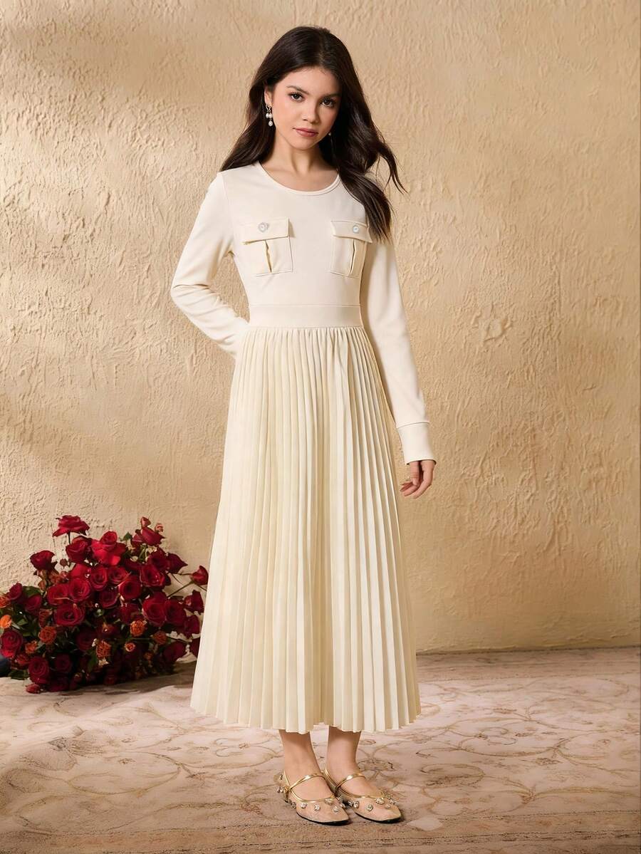 Blue,Autumn,Elegant,Teen Formal Round Neck Raglan Long Sleeve Pocket Pearl Button Waist Fitted Long Beige Soft Pleated Dress For Teenage Girls - Apricot - View 1