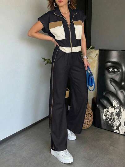 Xyvia 2pcs Women Sports Pullover Top And Pants Set, Fashionable Casual Stylish Color Clash