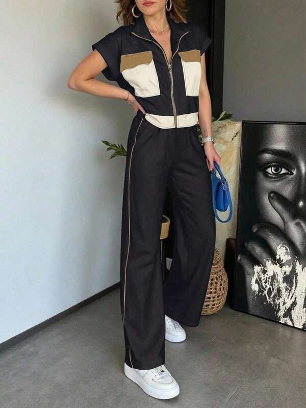 Xyvia مجموعة ملابس علوية وبنطال رياضية للنساء من 2 قطعة، لون متناقض موضي عصري كاجوال