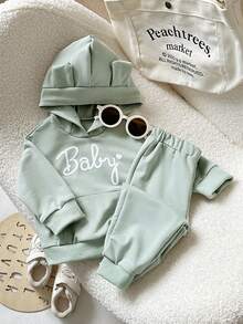 Playful Pals 男婴可爱耳朵连帽长袖卫衣长裤套装（2件），秋冬季时尚新款式 - 綠色 - 查看 6