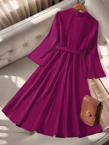 GlowEve 女士优雅收腰A字喇叭袖连衣裙，适合日常通勤、商务场合、法式浪漫约会、派对、圣诞节等，红色长袖