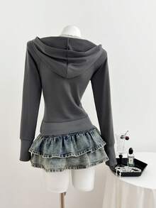 SHEIN Unity 女士灰色卫衣，金属扣装饰，深V领，休闲通勤款，秋冬季 - 深灰色 - 查看 2