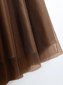 GlowEve 女士优雅网眼拼布纽扣装饰休闲通勤裙 - 棕色 - 查看 5