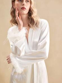 EverLounge Eleganter romantischer Chic Fransen einfarbiger Faux-Seide Luxus Damen Gürtelmantel, Herbst & Winter - Weiss - Übersicht 6