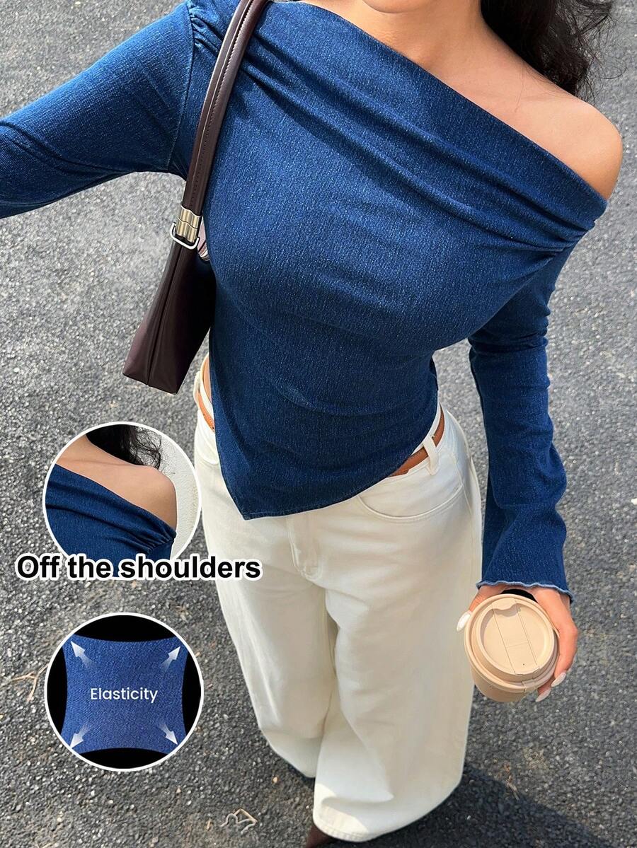 Siren Gaze 女士时尚不对称牛仔通勤衬衫 - 中等水洗藍 - 查看 1