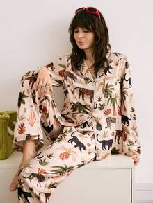 Chillnights INS 千禧植物动物西部风情前开襟女士睡衣套装，适合居家休闲、秋冬穿着 - 彩色 - 查看 5