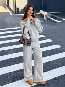 SHEIN Tall 女式超大 V 领蓬松柔软弹力宽松运动衫和运动裤两件套，秋冬 - 灰色 - 查看 3