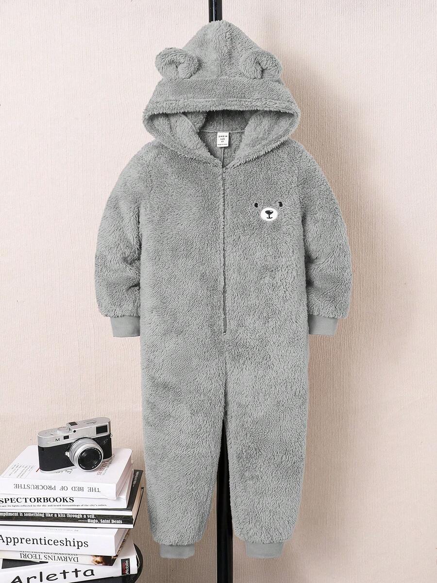 SHEIN Kids Boy Cute Bear Embroidered Cartoon Hooded Long Sleeve Jumpsuit, Casual Romper Suitable For School, Garden, Beach, Birthday, Spring, Summer, Autumn, Winter,Thanksgiving,Christmas,Winter,Winter Clothes,Cozy Fall & Winter Styles,Hoodie - Grey - View 1