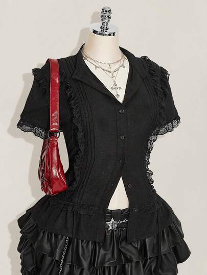 SHEIN ICON Y2k Women's Plus Size Western Country Concert Bohemian Hippie Black Gothic Summer Casual Splicing Lace Trim Toothpick Strip Hem Ruffle Slim Fit Short Sleeve Shirt