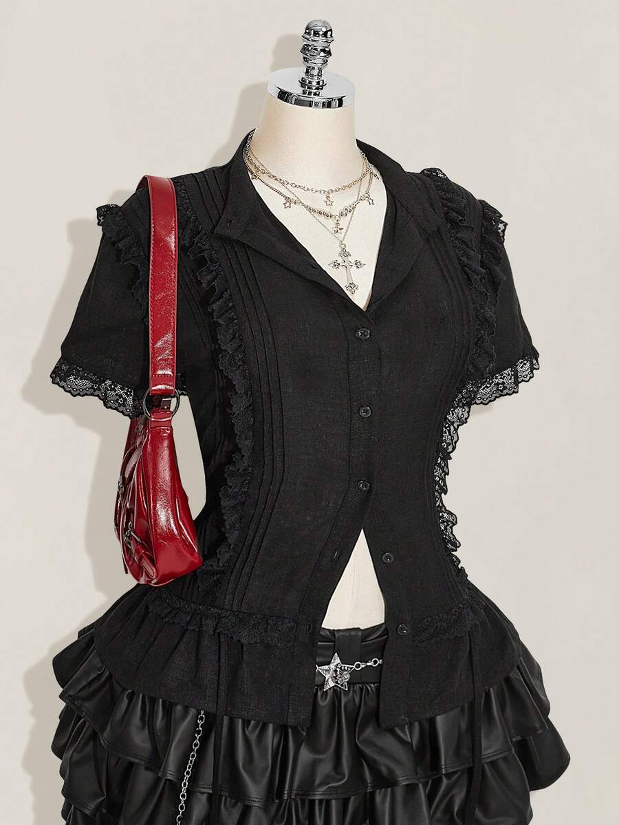 SHEIN ICON Y2k 女式加大码西部乡村音乐会波西米亚嬉皮米色哥特夏季休闲蕾丝边衬衫 - 白色 - 查看 1