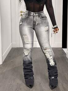 BamGleam Blugi de damă cu buzunare și nituri în degrade, cu aspect uzat și aspect degradat - Gri deschis - Vizualizare 4