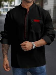 Manfinity Homme Camicia casual a maniche lunghe con bottoni e design a contrasto di colore con tasche, per uomo taglia grande