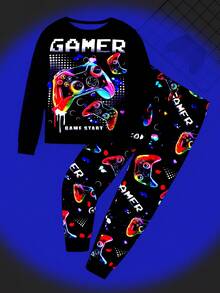 SHEIN 两件套男童贴身夜光游戏机印花圆领长袖T恤和裤子睡衣套装 - 黑色 - 查看 7