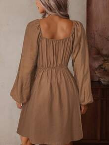 LanaWest Váy ngắn phong cách Bohemian cổ điển màu mơ thời trang cho nữ, tay dài, cạp chun, viền rộng, cổ chữ V khoét rỗng, chắp vá, thu đông - Màu Khaki - Xem 2