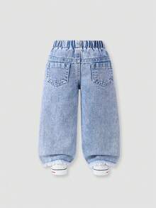 1pc Baby Girls' Light Washed Blue Strawberry Print Wide Leg Jeans, Comfortable & Sweet Casual Vacation School Style Recommended! Soft Light Washed Blue Denim Fabric, Rugged Frayed Hem Contrasts With Delicate Strawberry Print, Unique And Fashionable - Light Wash - View 2