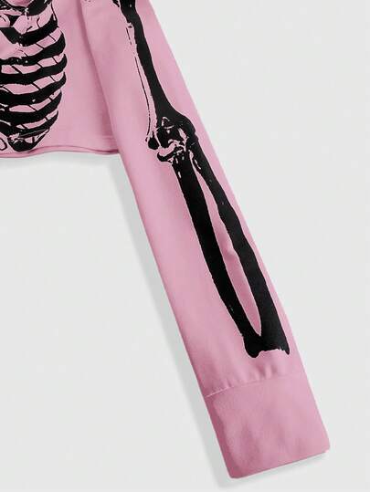 Grunge Punk Femme sweat-shirt à capuche court imprimé squelette noir, Top à manches longues