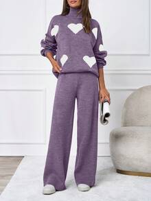 SHEIN Tall 2pcs/Set Casual Heart Pattern High Neck Sweater - Lilac Purple - View 7