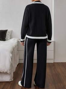 EURMUSE Minimal Varsity-Style Black Knit Co-Ord Set With Contrast Trim And Zip-Up Front