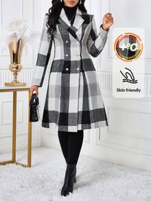 SHEIN Lady 女士格子印花双排扣优雅长袖大衣，秋冬款，圣诞节和感恩节优雅之选 - 彩色 - 查看 1