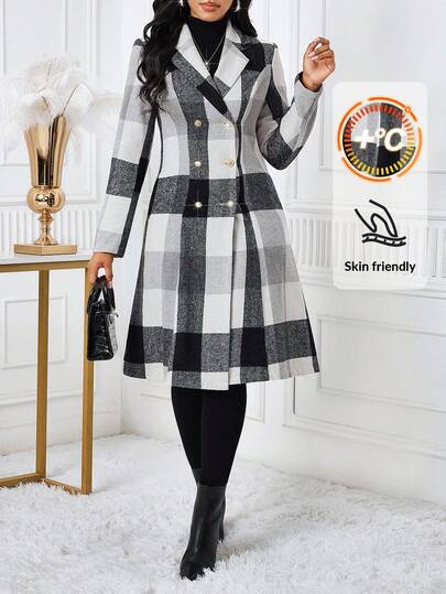 SHEIN Lady 女士格子印花双排扣优雅长袖大衣，秋冬款，圣诞节和感恩节优雅之选