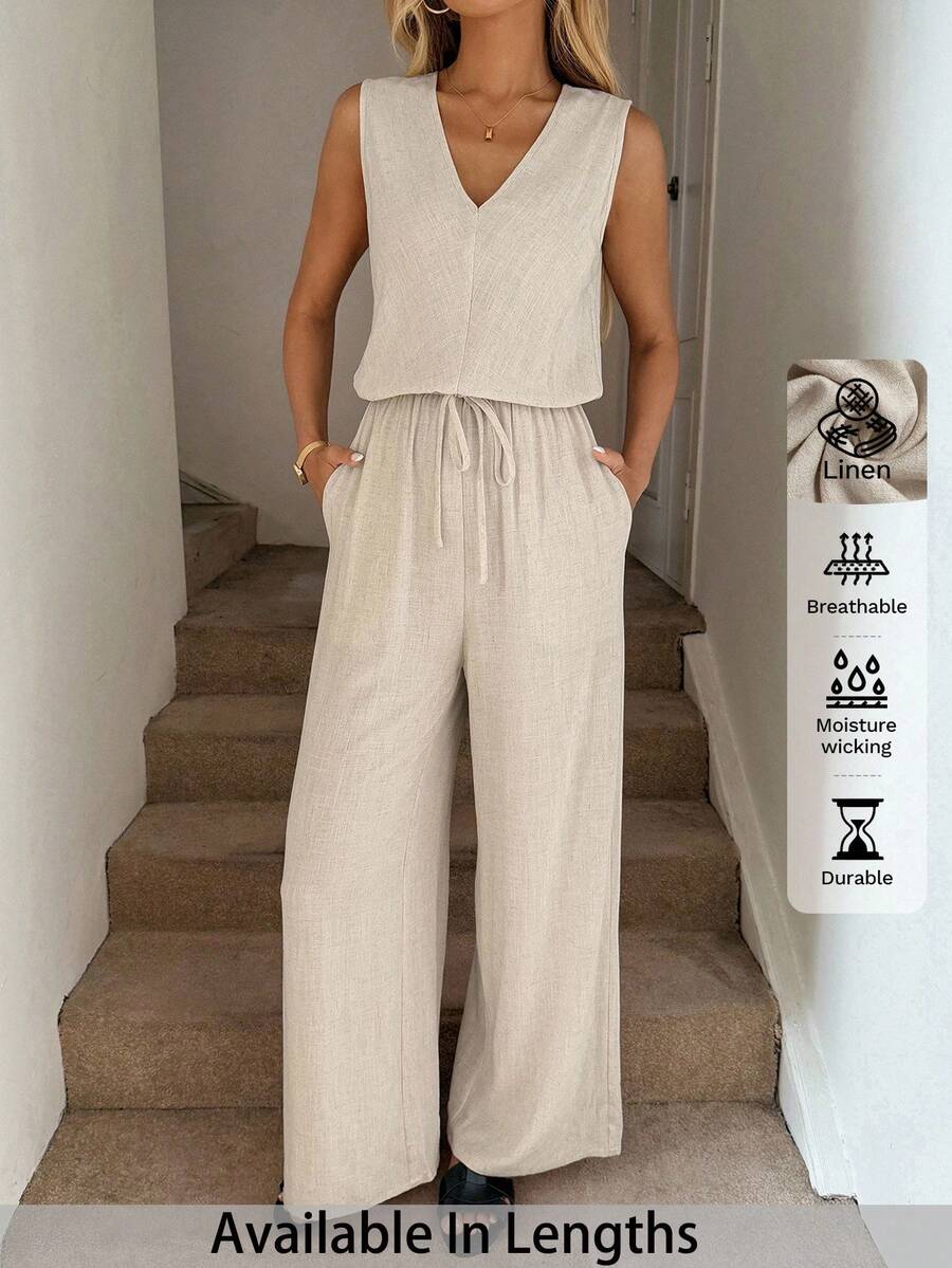 SHEIN PETITE CURVE 加大码 V 领腰带蝴蝶结装饰侧袋无袖连体裤阔腿裤,女士休闲度假优雅服装,西部装女士商务休闲女士老钱风格女士度假服装女士 - 杏色 - 查看 1