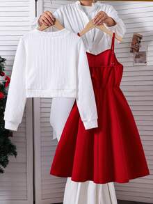 SHEIN 两件套：少女优雅针织罗纹蝴蝶结装饰长袖开衫上衣和休闲修身吊带裙，适合日常、派对、圣诞节等场合。 - 紅色 - 查看 2